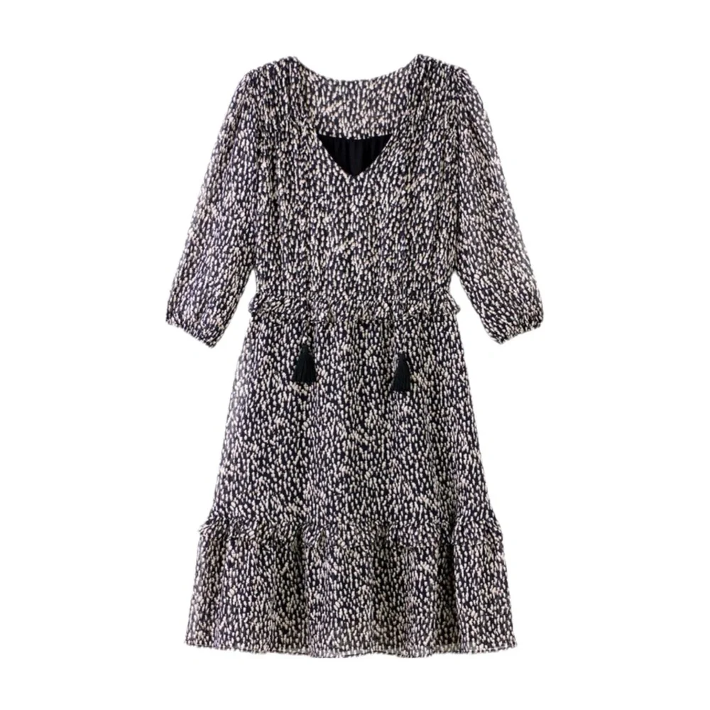 Soft Surroundings Hazel Dress Dotted Print V-neck Front Tassel Sz. Medium Petite